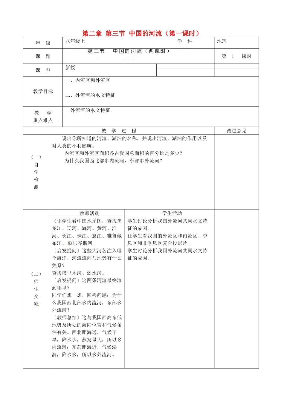 江苏省宿迁市宿城区埠子初级中学八年级地理上册 第二章 第三节 中国的河流（第1课时）教案 湘教版_第1页