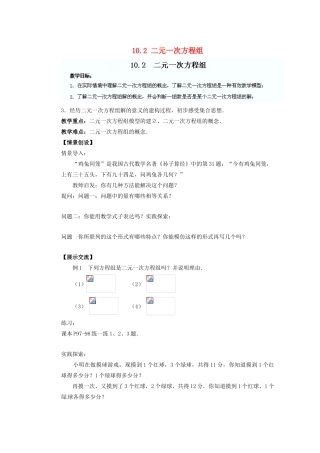 江苏省盐城市盐都县郭猛中学七年级数学下册 10.2 二元一次方程组教案 （新版）苏科版