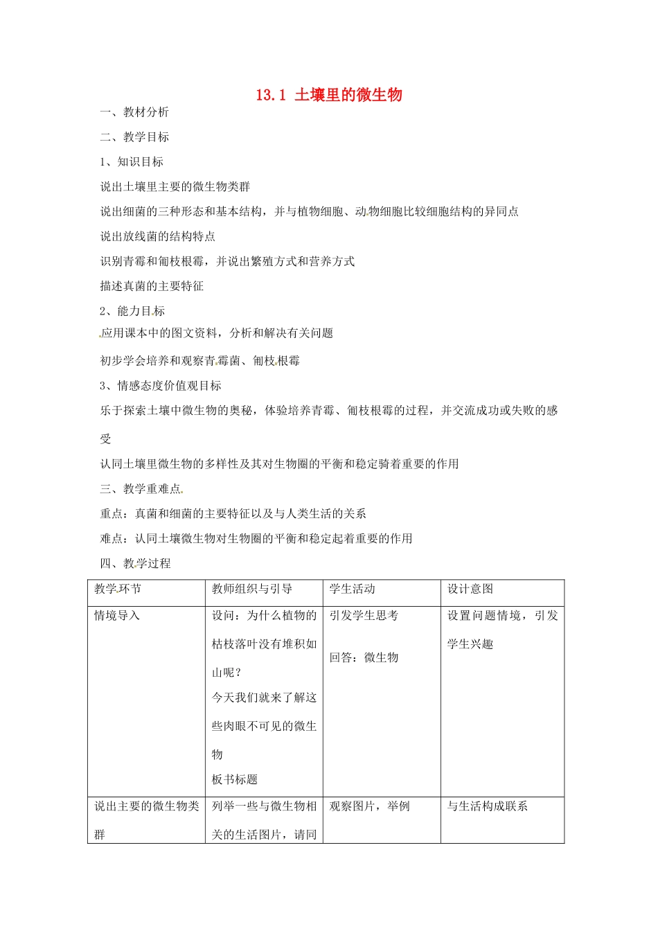 江苏省南通市实验中学七年级生物下册《土壤里的微生物》教案 苏教版_第1页
