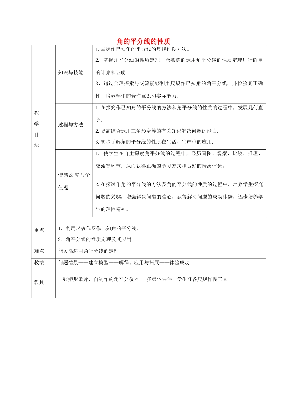 八年级数学上册 2.5 角平分线的性质教案 （新版）青岛版-（新版）青岛版初中八年级上册数学教案_第1页
