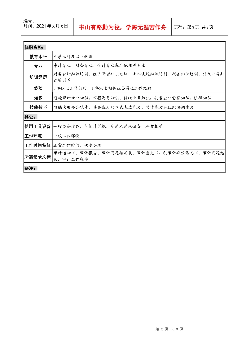 信托投资公司法律稽查部审计专责职位说明书_第3页