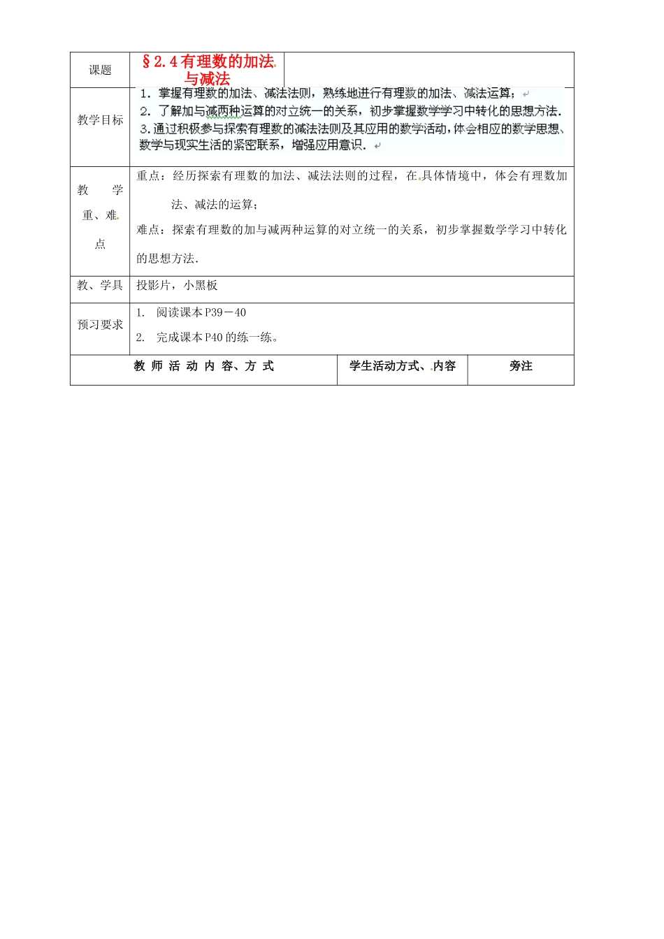 江苏省苏州市蓝缨学校七年级数学 2.5有理数的加法与减法（第4课时）教案 北师大版_第1页