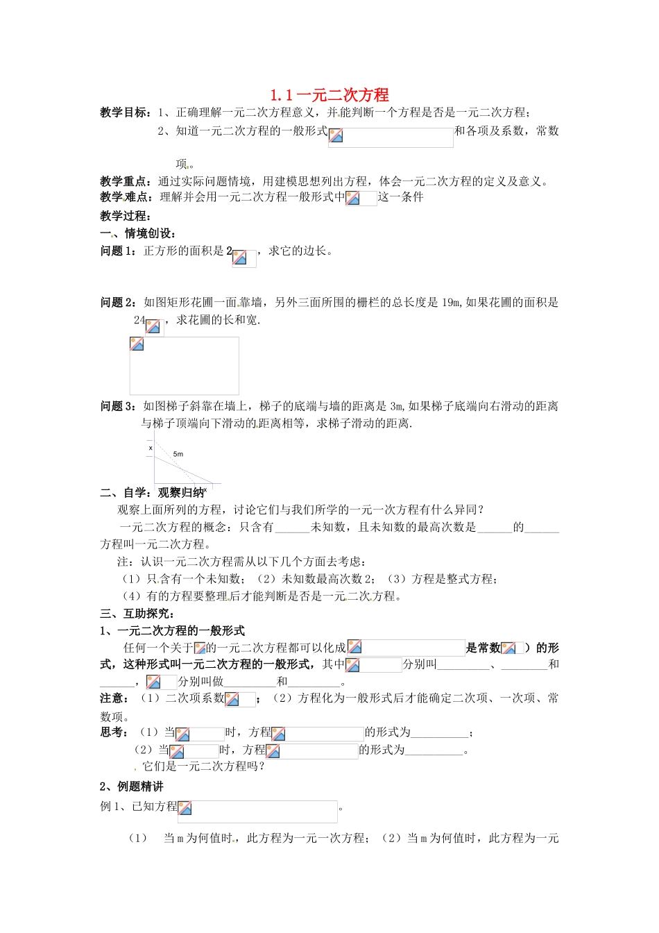 九年级数学上册 1.1 一元二次方程教案 （新版）苏科版-（新版）苏科版初中九年级上册数学教案_第1页