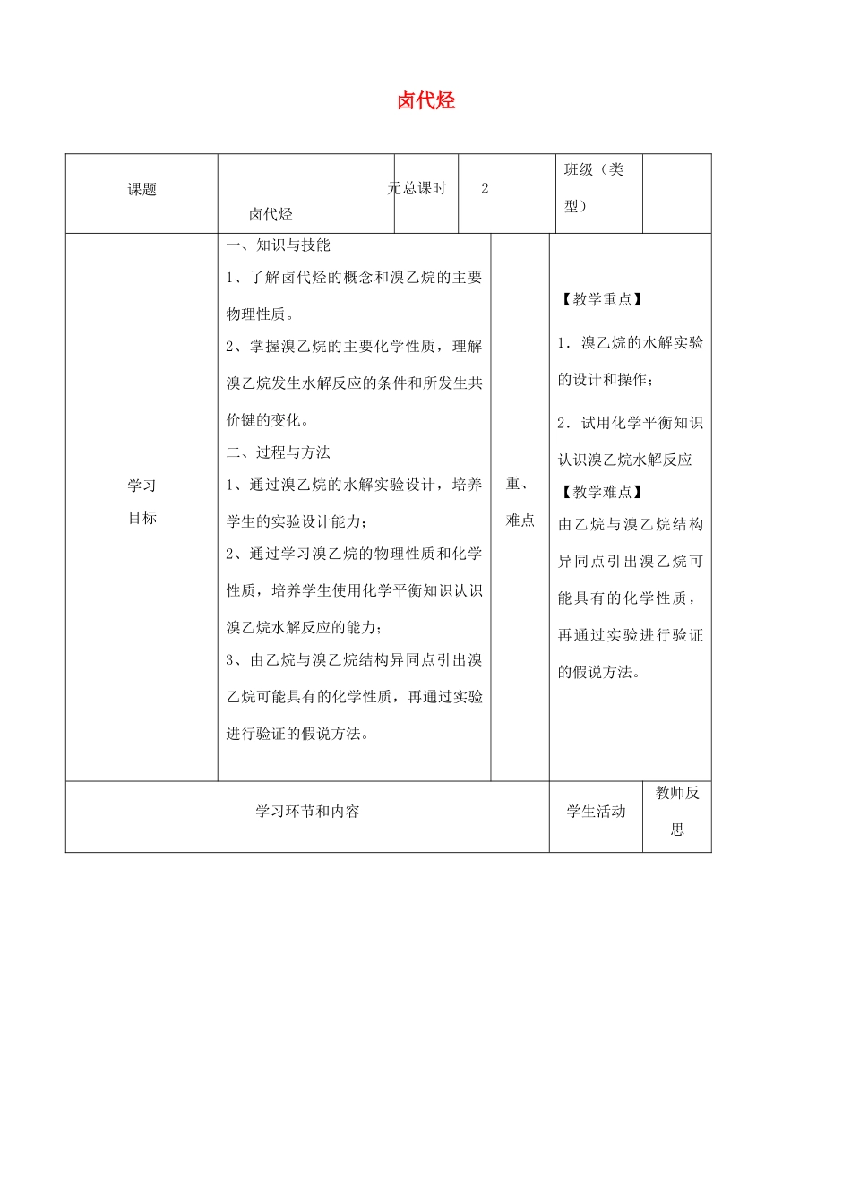 高中化学下学期第七周 卤代烃教学设计-人教版高中全册化学教案_第1页