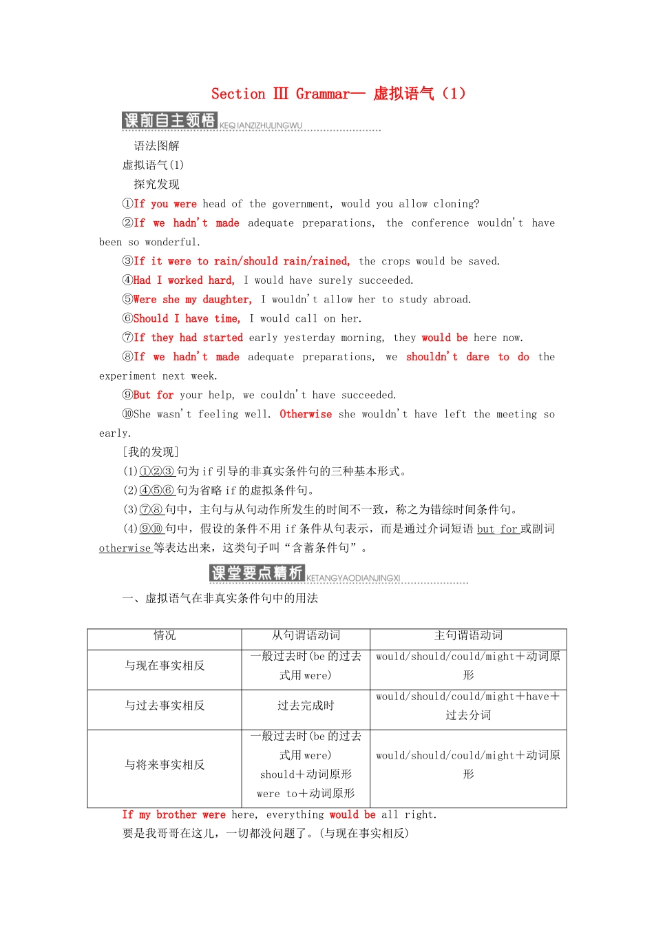高中英语 Module 5 Cloning Section Ⅲ Grammar— 虚拟语气（1）教案（含解析）外研版选修6-外研版高二选修6英语教案_第1页