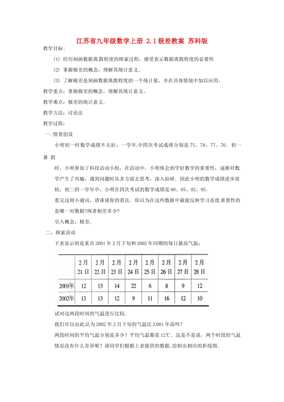 江苏省九年级数学上册 2.1极差教案 苏科版_第1页