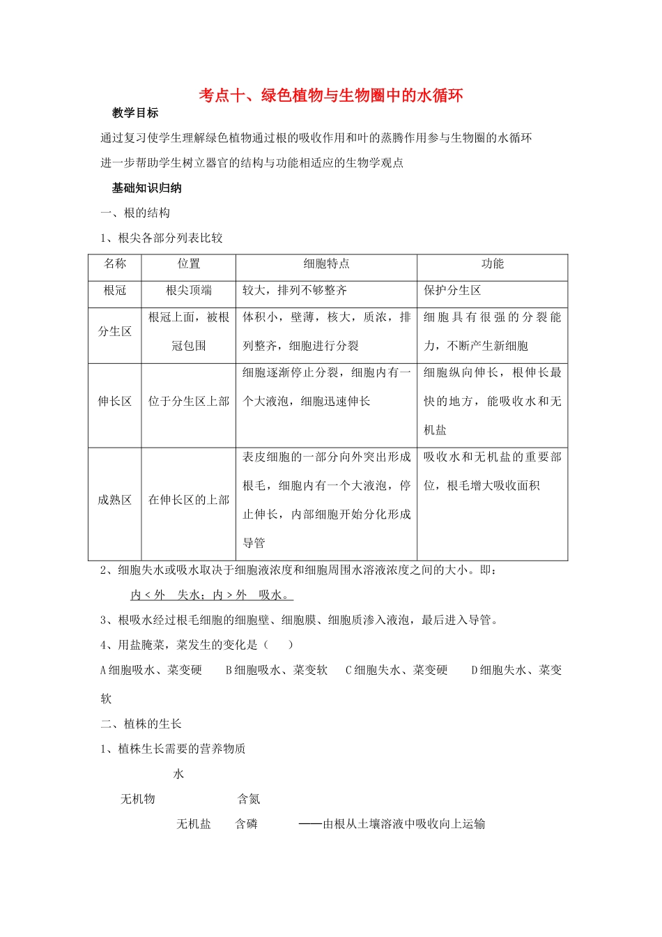 湖北省襄阳市第四十七中学九年级生物 考点十 绿色植物与生物圈中的水循环教学案_第1页