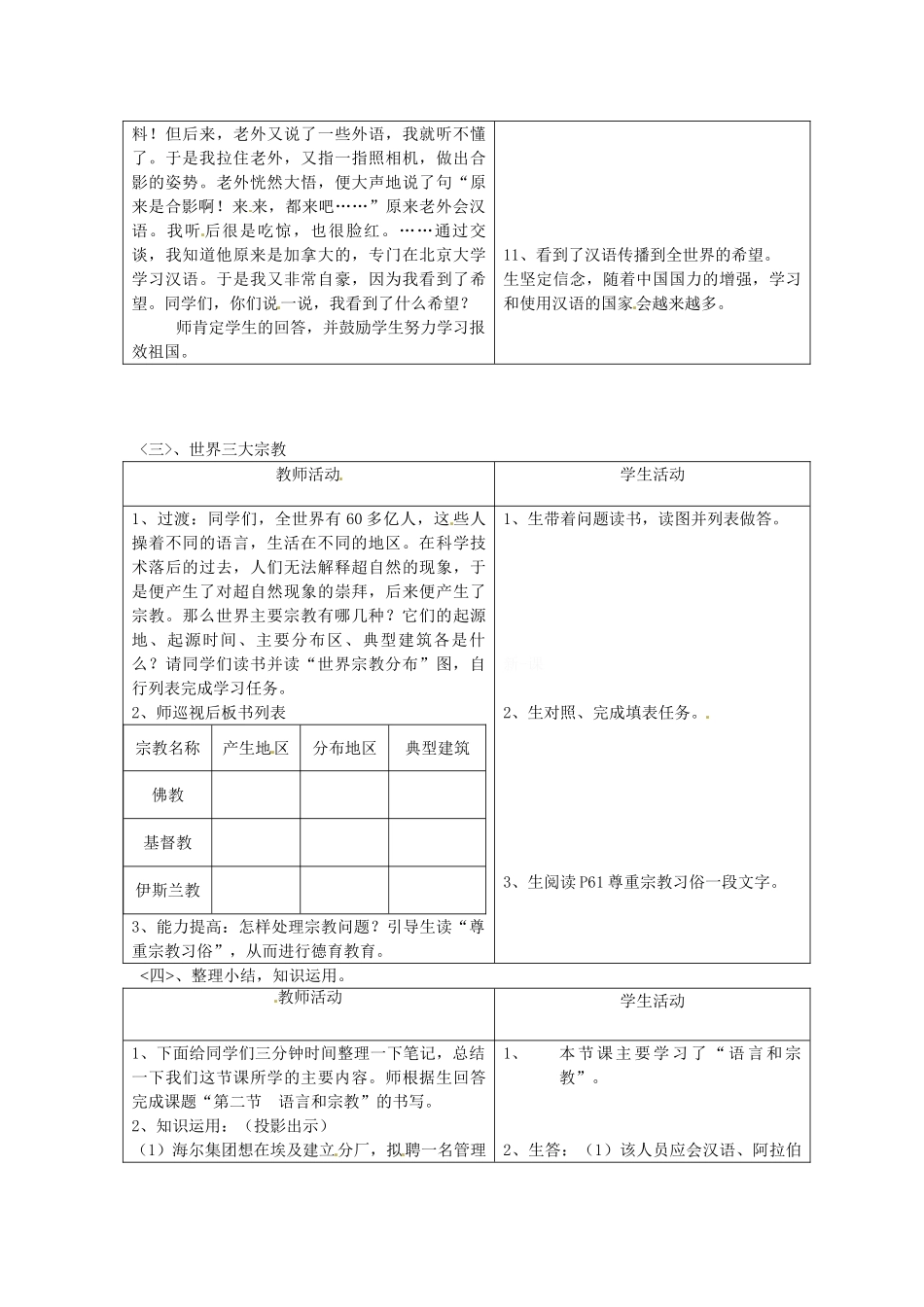 八年级地理上册 第三章 第二节《语言和宗教》教案1 中图版_第3页