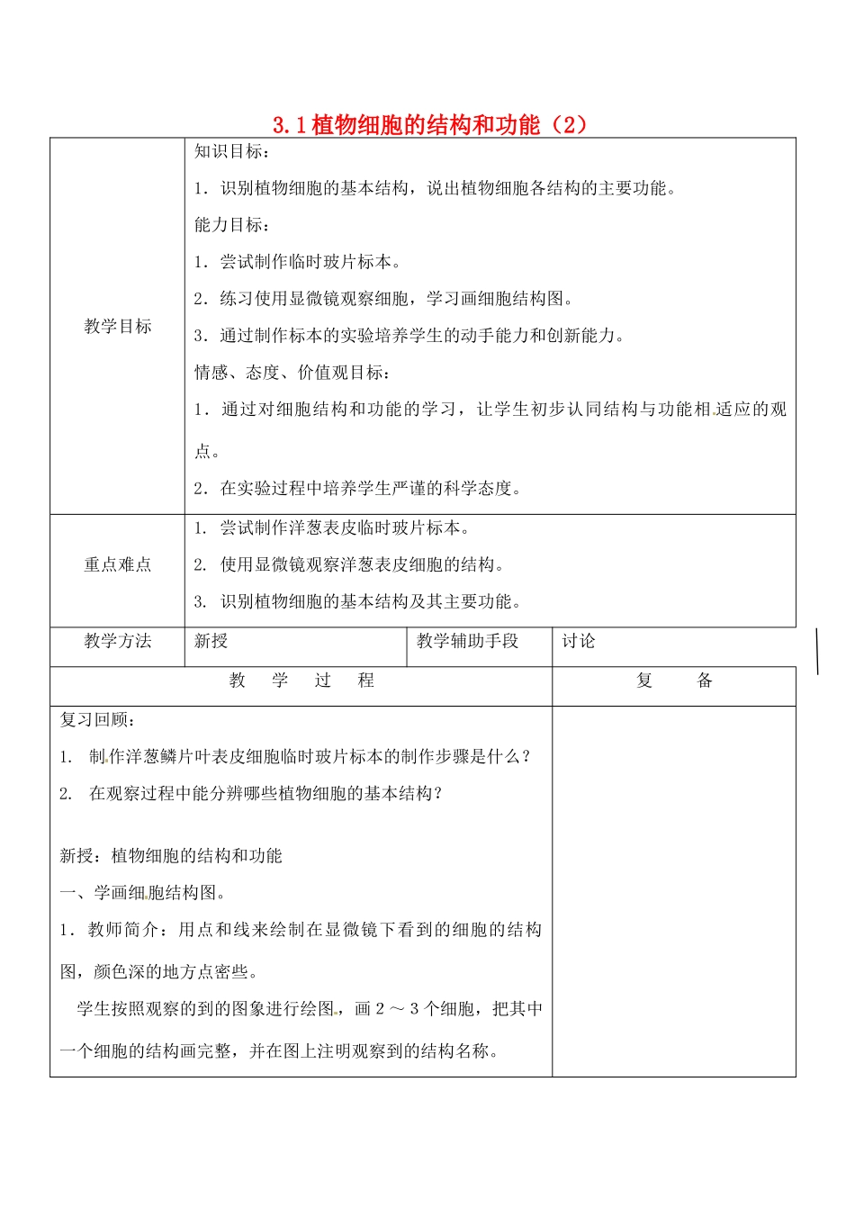 江苏省南京市上元中学七年级生物上册 3.1 植物细胞的结构和功能（第2课时）教案 苏教版_第1页