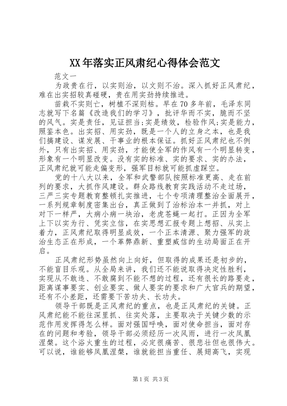 XX年落实正风肃纪心得体会范文_第1页