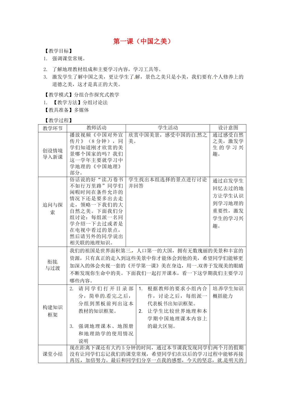 八年级地理 中国之美教案 商务星球版-商务星球版初中八年级全册地理教案_第1页