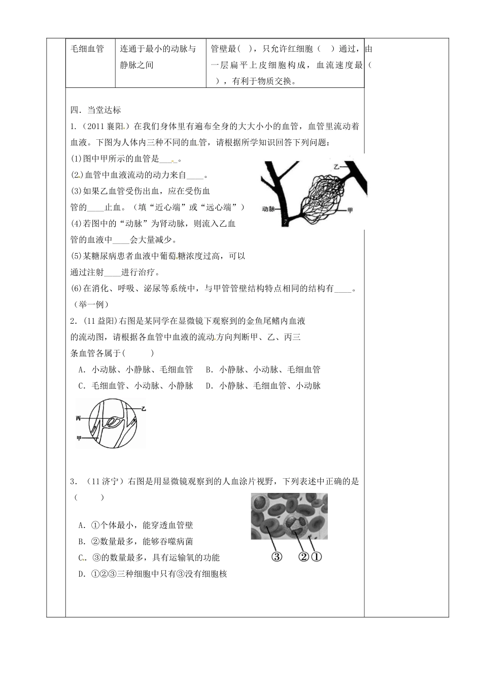 湖南省茶陵县世纪星实验学校八年级生物复习《第12讲 血液和血管》教案 人教新课标版_第2页