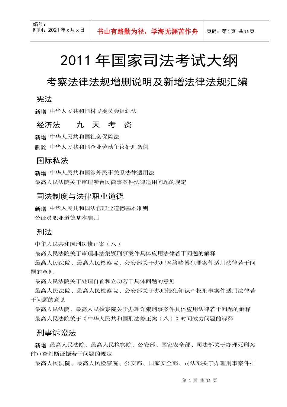 XXXX律政国家司法考试大纲涉考最新法律法规增删说明_第1页