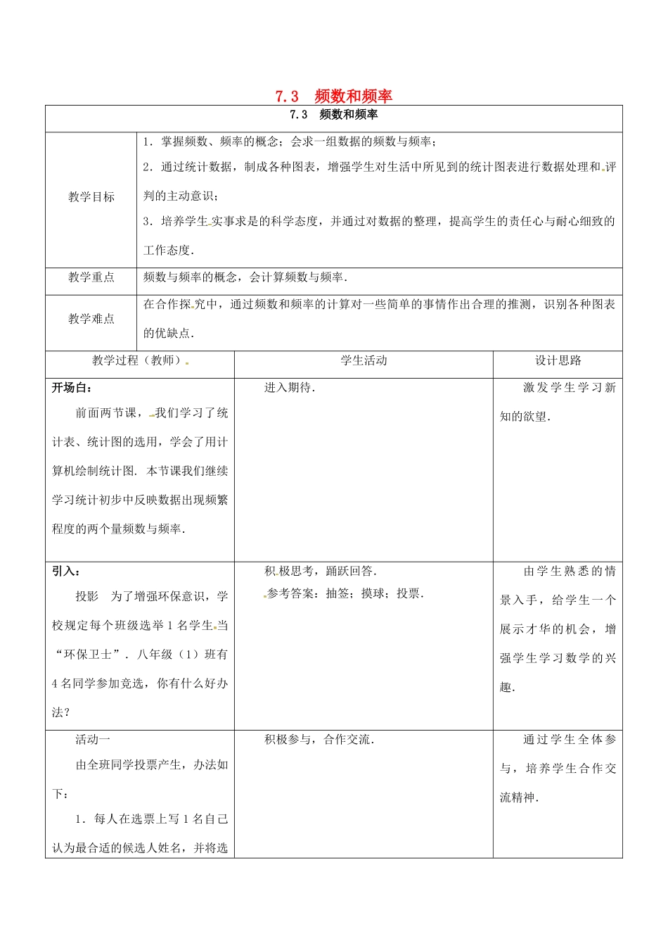 江苏省宿迁市沭阳县八年级数学下册 第7章 数据的收集、整理、描述 7.3 频数和频率教案 （新版）苏科版-（新版）苏科版初中八年级下册数学教案_第1页