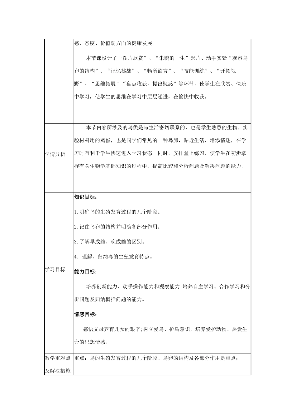 八年级生物上册 第四单元 第二章 第三节“鸟的生殖和发育”教学设计 （新版）济南版-（新版）济南版初中八年级上册生物教案_第2页
