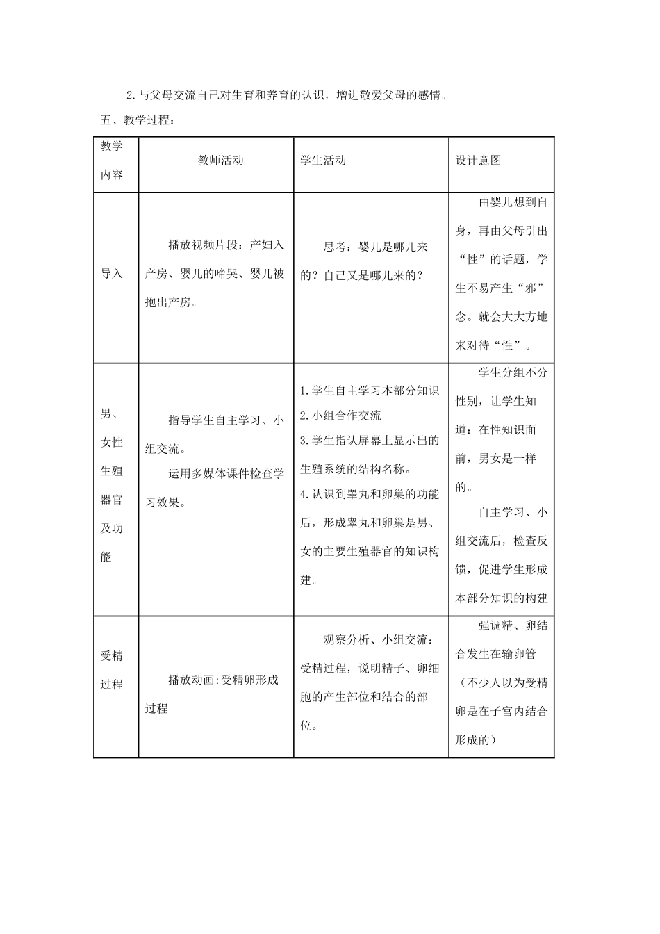 八年级生物上册 第四单元 第三章 第1节《婴儿的诞生》教案1 （新版）济南版-（新版）济南版初中八年级上册生物教案_第2页