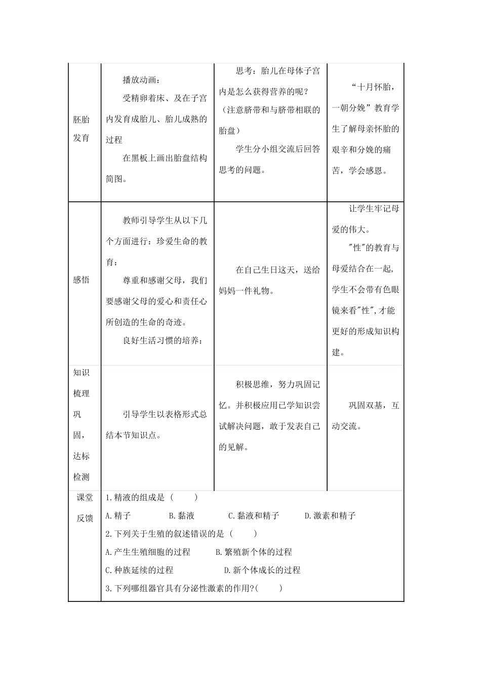 八年级生物上册 第四单元 第三章 第1节《婴儿的诞生》教案1 （新版）济南版-（新版）济南版初中八年级上册生物教案_第3页