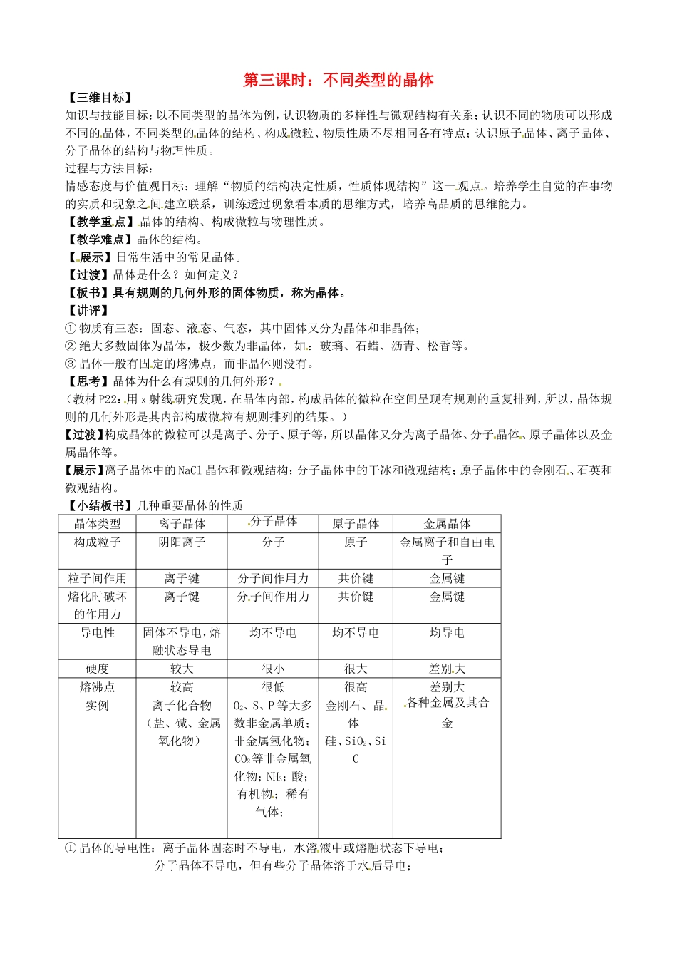 高中化学 不同类型的晶体教案 苏教版必修2-苏教版高一必修2化学教案_第1页