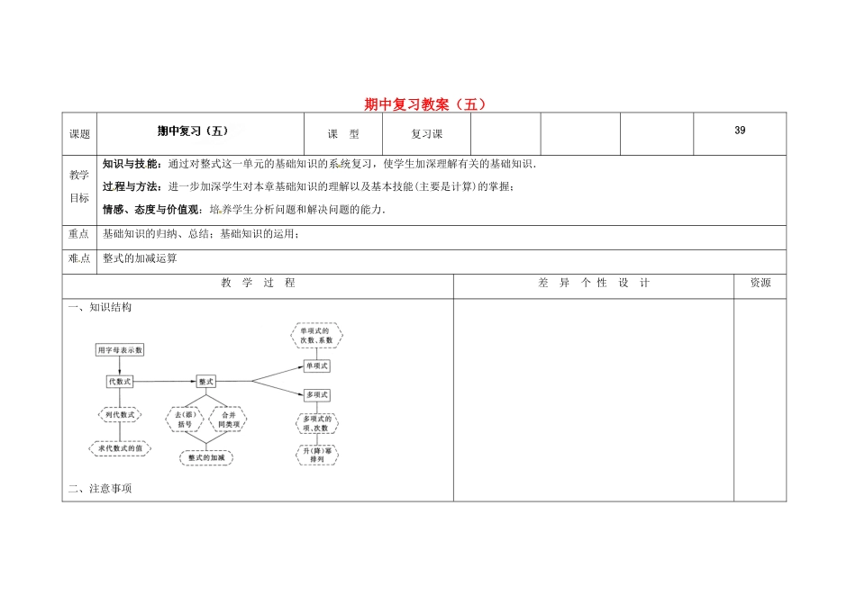 吉林省长春市第一零四中学七年级数学上册 期中复习教案（五） 华东师大版_第1页