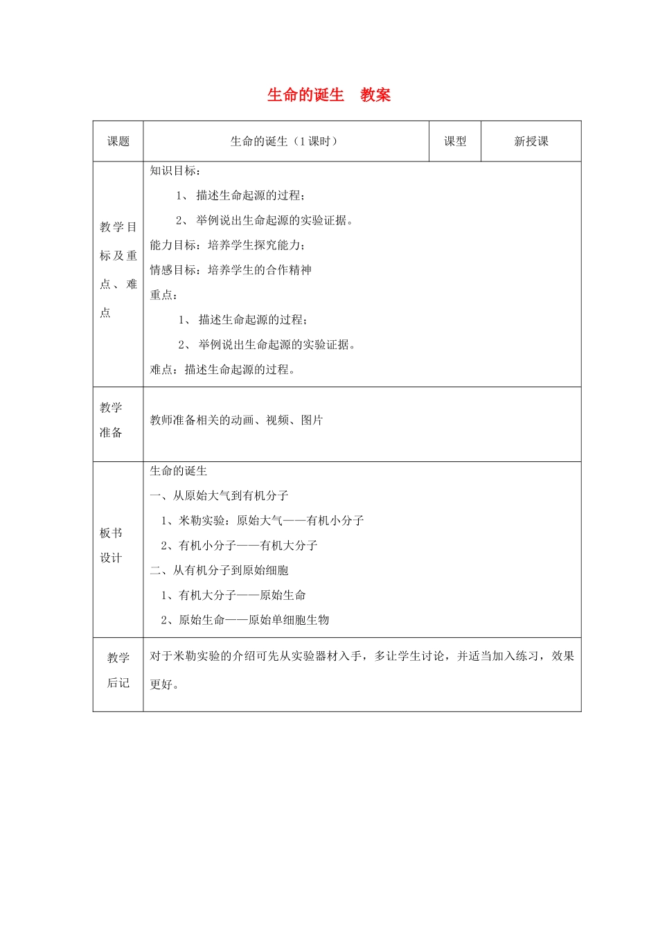 八年级生物下册 第9单元 生物的多样性 第一节 生命的诞生名师教案 苏教版_第1页
