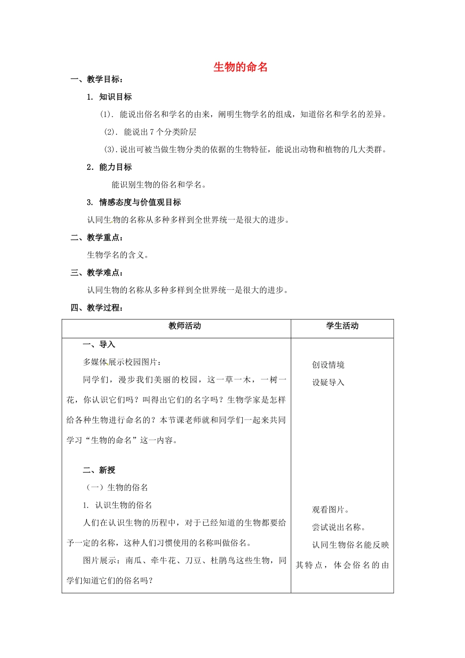 江苏省太仓市第二中学七年级生物下册 13.2 生物的命名教案 苏教版_第1页