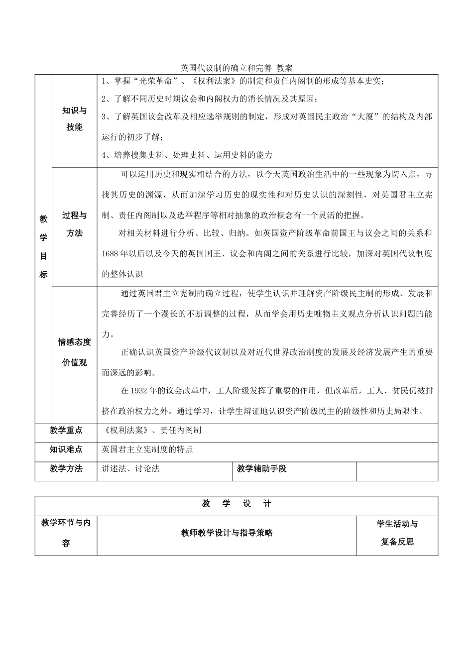 高中历史 专题七 近代西方民主政治的确立与发展 一 英国代议制的确立和完善教案1 人民版必修1-人民版高一必修1历史教案_第1页