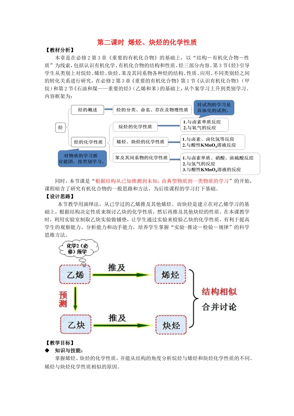 高中化学 第1章 第3节 烃 第2课时 烯烃和炔烃的化学性质教案 鲁科版选修5-鲁科版高二选修5化学教案_第1页