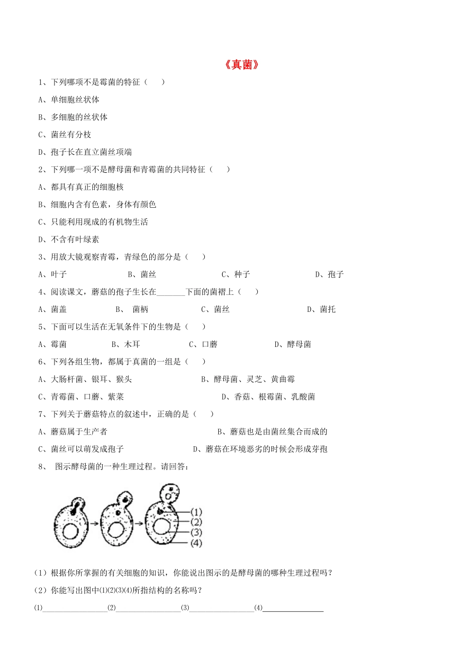 八年级生物上册 5.4.3 真菌练习题3（无答案）（新版）新人教版_第1页