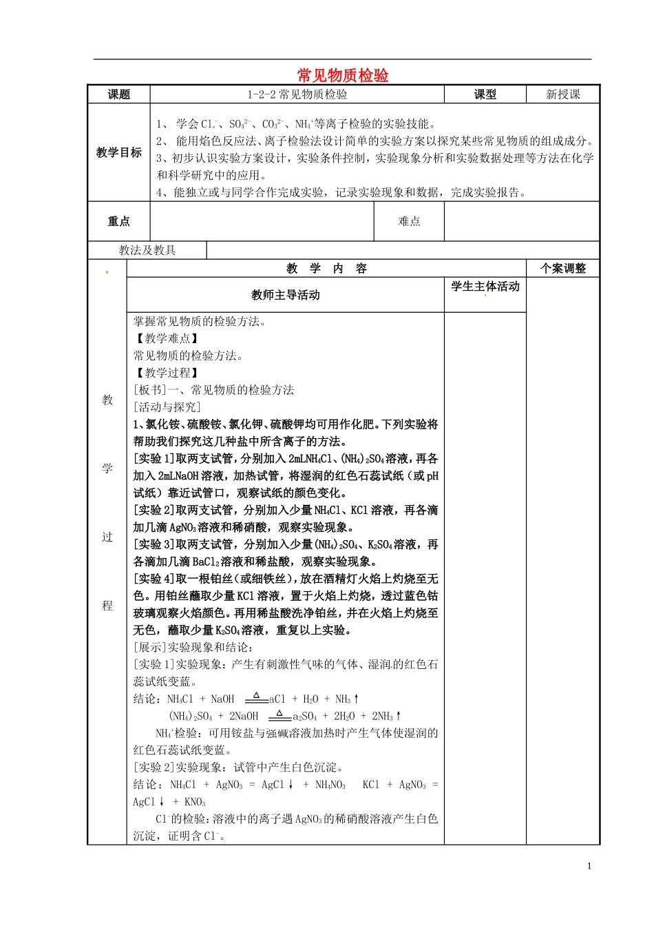 高中化学 专题1 化学家眼中的物质世界 第2单元 研究物质的实验方法-常见物质检验（第1课时）教案 苏教版必修1-苏教版高一必修1化学教案_第1页