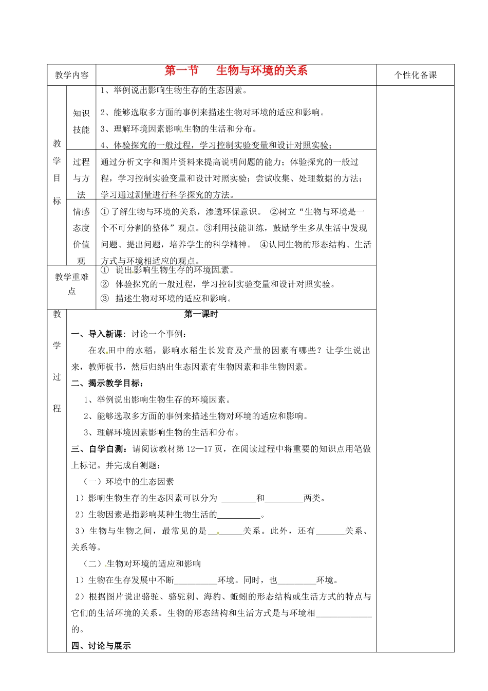 湖南省茶陵县世纪星实验学校七年级生物上册《2.1生物与环境的关系》教案 人教新课标版_第1页
