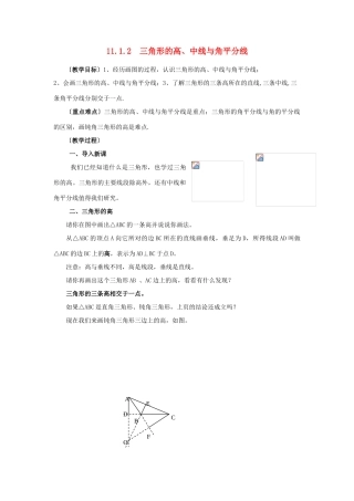 八年级数学上册 第十一章 三角形11.1 与三角形有关的线段11.1.2 三角的高、中线与角平分线教案2（新版）新人教版-（新版）新人教版初中八年级上册数学教案