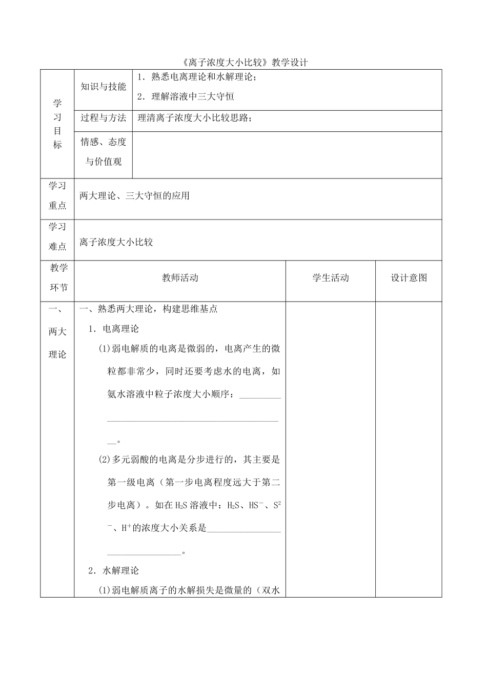 高中化学上学期《离子浓度大小比较》教学设计-人教版高中全册化学教案_第1页