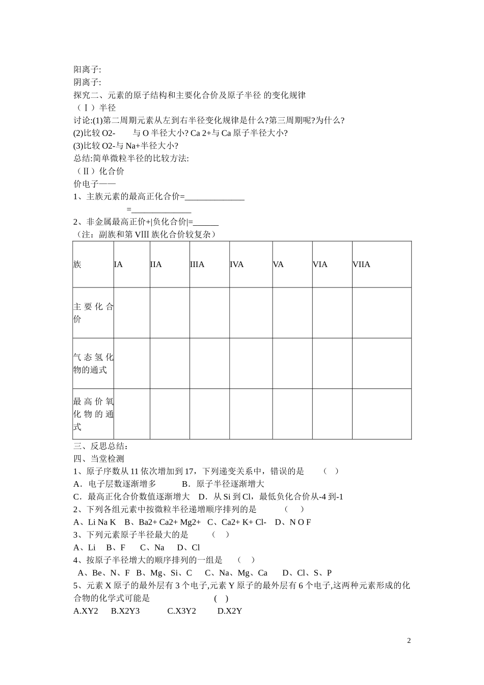 高中化学 第1章 物质结构 元素周期律第二节 元素周期律（第1课时）学案 新人教版必修2_第2页