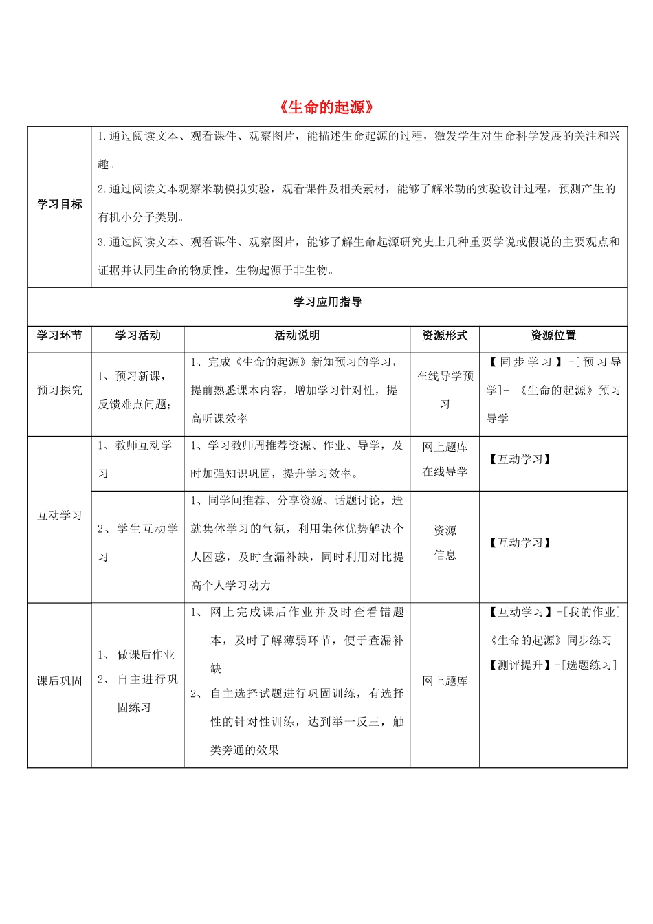 八年级生物下册 5.1.1 生命的起源学生学习应用指导 （新版）济南版_第1页
