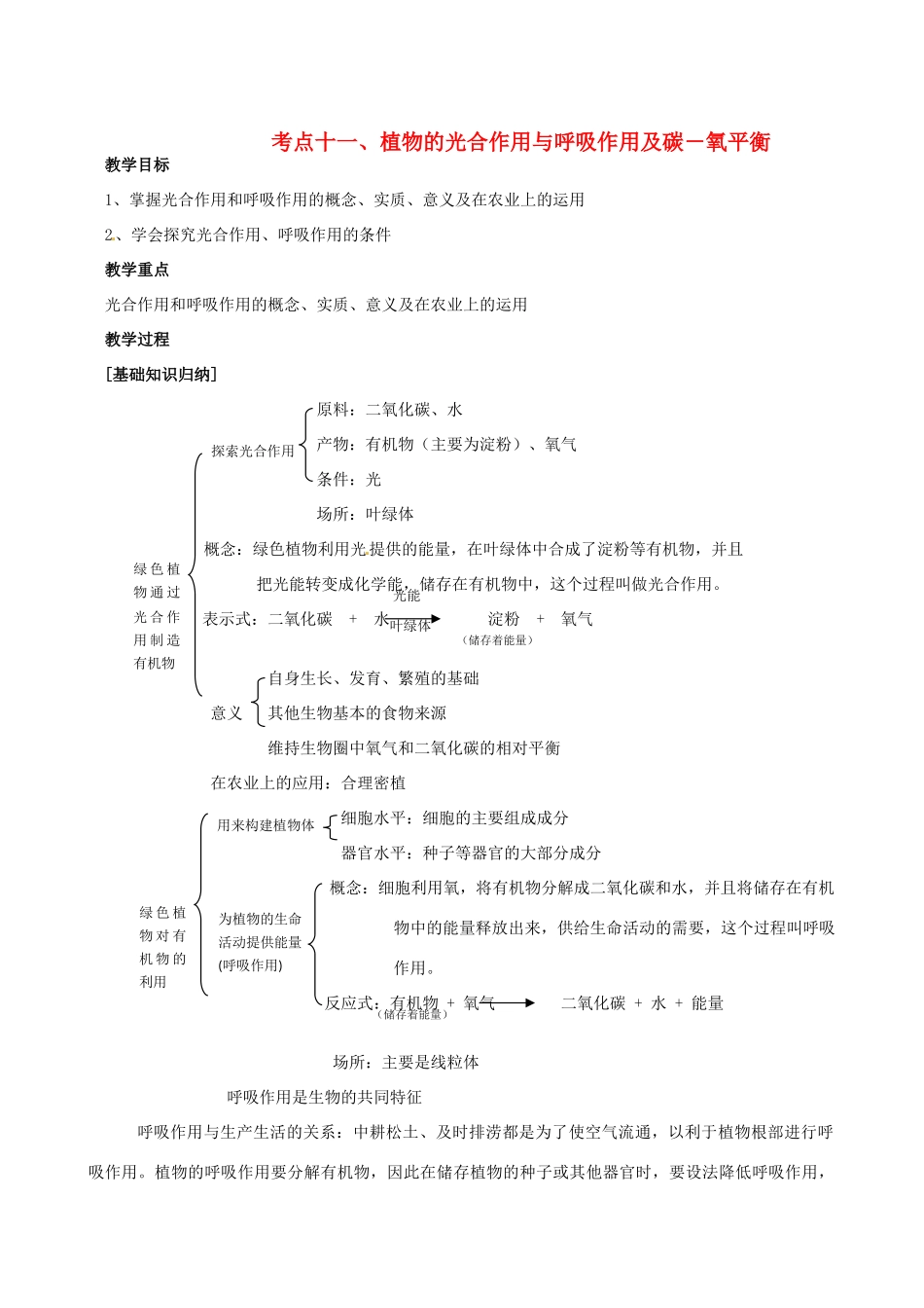 湖北省襄阳市第四十七中学九年级生物 考点十一 植物的光合作用与呼吸作用及碳－氧平衡教学案_第1页