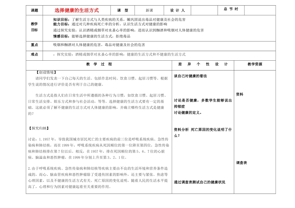 吉林省长春市第一零四中学八年级生物下册 第八单元 第三章第二节 选择健康的生活方式教案 新人教版_第1页