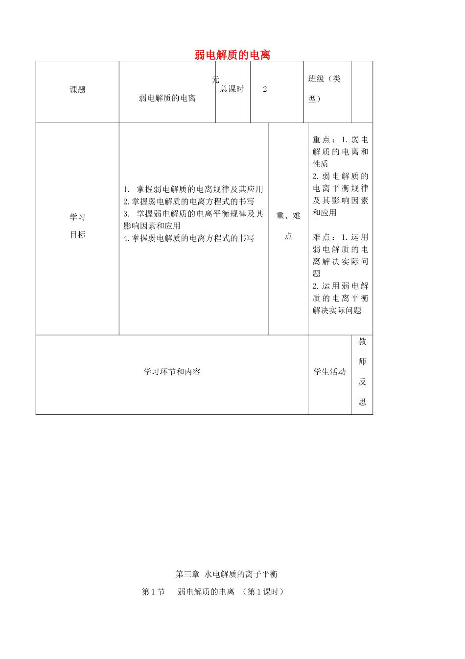 高中化学第七周 弱电解质的电离教学设计-人教版高中全册化学教案_第1页