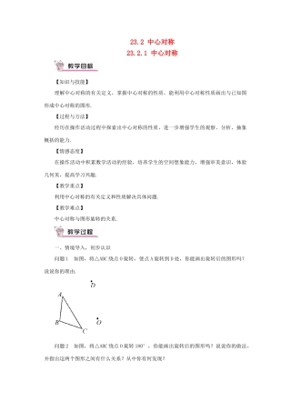 九年级数学上册 第二十三章 旋转23.2 中心对称23.2.1 中心对称教案（新版）新人教版-（新版）新人教版初中九年级上册数学教案