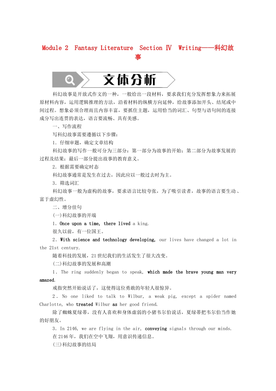 高中英语 Module 2 Fantasy Literature Section Ⅳ Writing—科幻故事教案 外研版选修6-外研版高二选修6英语教案_第1页