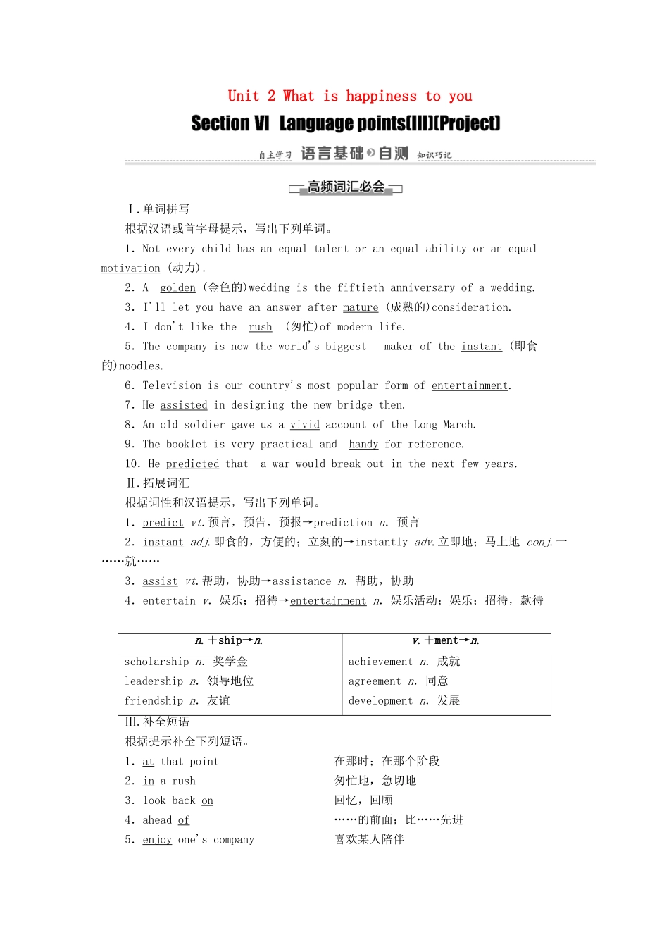 高中英语 Unit 2 What is happiness to you Section Ⅵ Language points（Ⅲ）（Project）（教师用书）教案 牛津译林版选修6-牛津版高二选修6英语教案_第1页