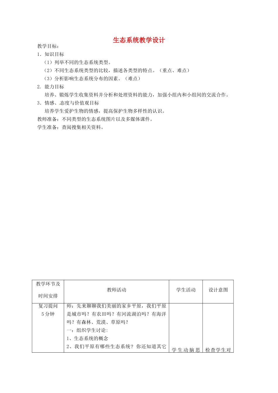 八年级生物下册 第六单元 第二章 第四节 生态系统的类型教案 （新版）济南版-（新版）济南版初中八年级下册生物教案_第1页