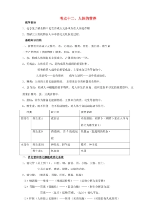 湖北省襄阳市第四十七中学九年级生物 考点十二 人体的营养教学案