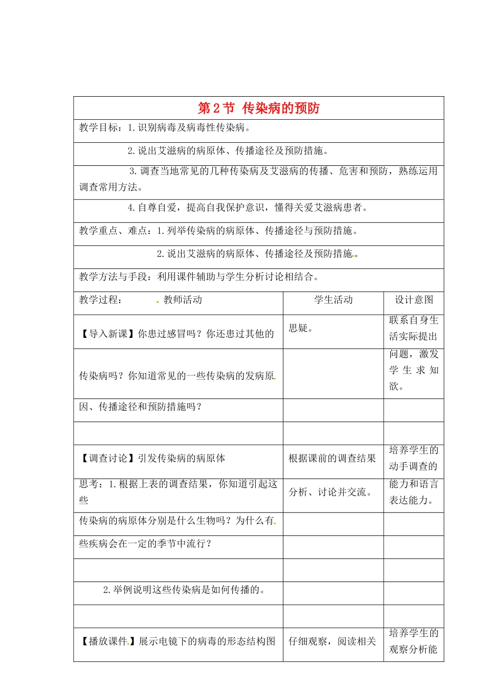 江苏省昆山市锦溪中学八年级生物下册 23.2 传染病的预防（第1课时）教案 苏科版_第1页