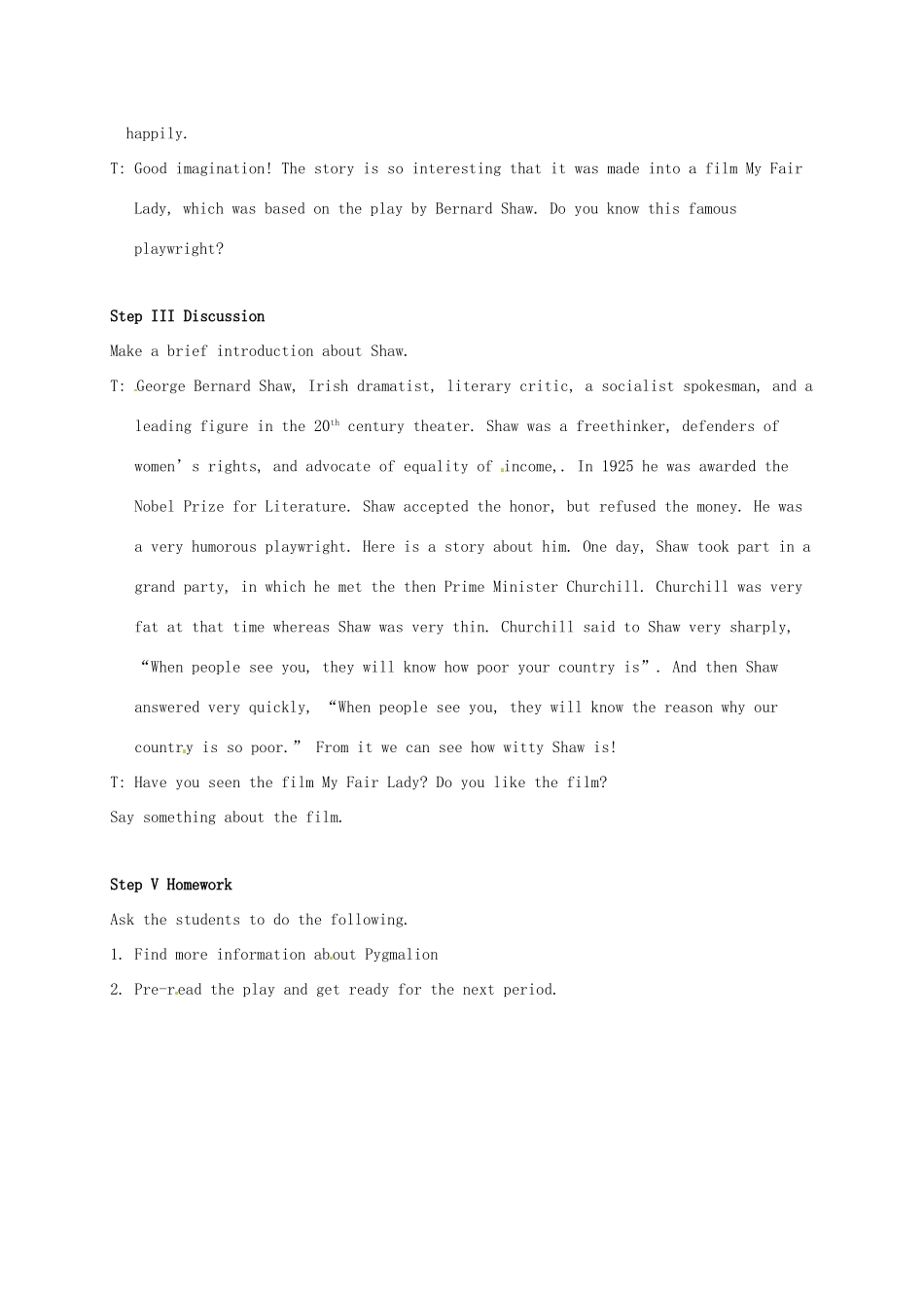 高中英语《Unit4 Pygmalion Warming up and reading》教案 新人教版选修8-新人教版高二选修8英语教案_第3页