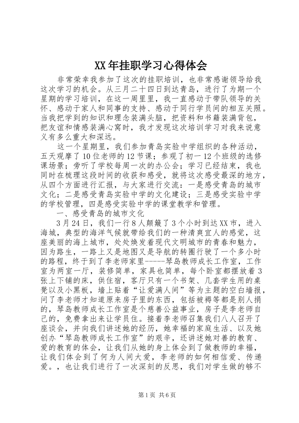 XX年挂职学习心得体会_第1页