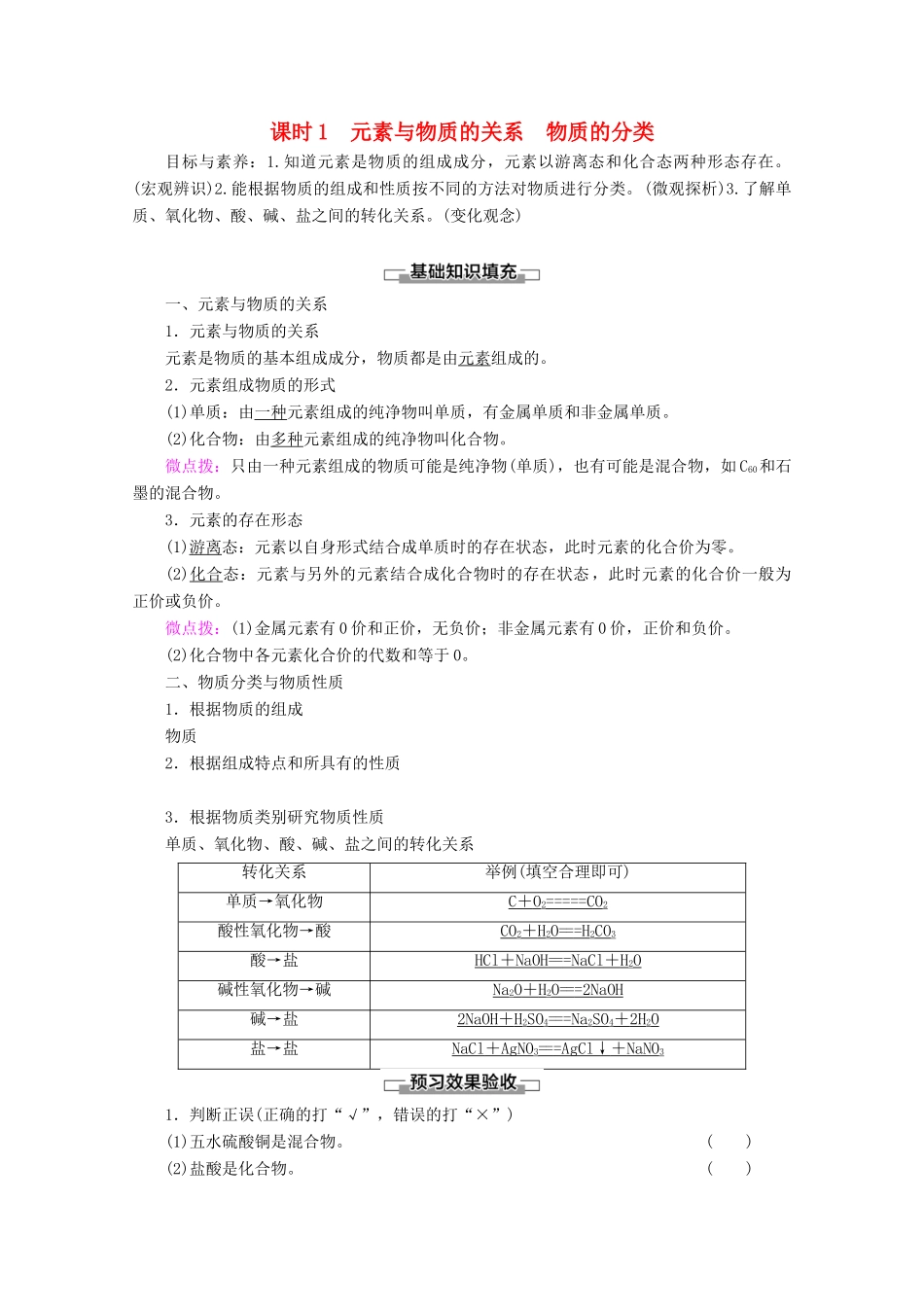 高中化学 第2章 第1节 课时1 元素与物质的关系 物质的分类教案 鲁科版必修1-鲁科版高一必修1化学教案_第1页