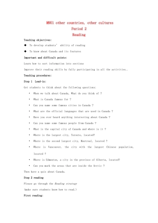 高中英语 Unit 1 Other countries, other cultures-Reading精品教学设计 牛津译林版选修9