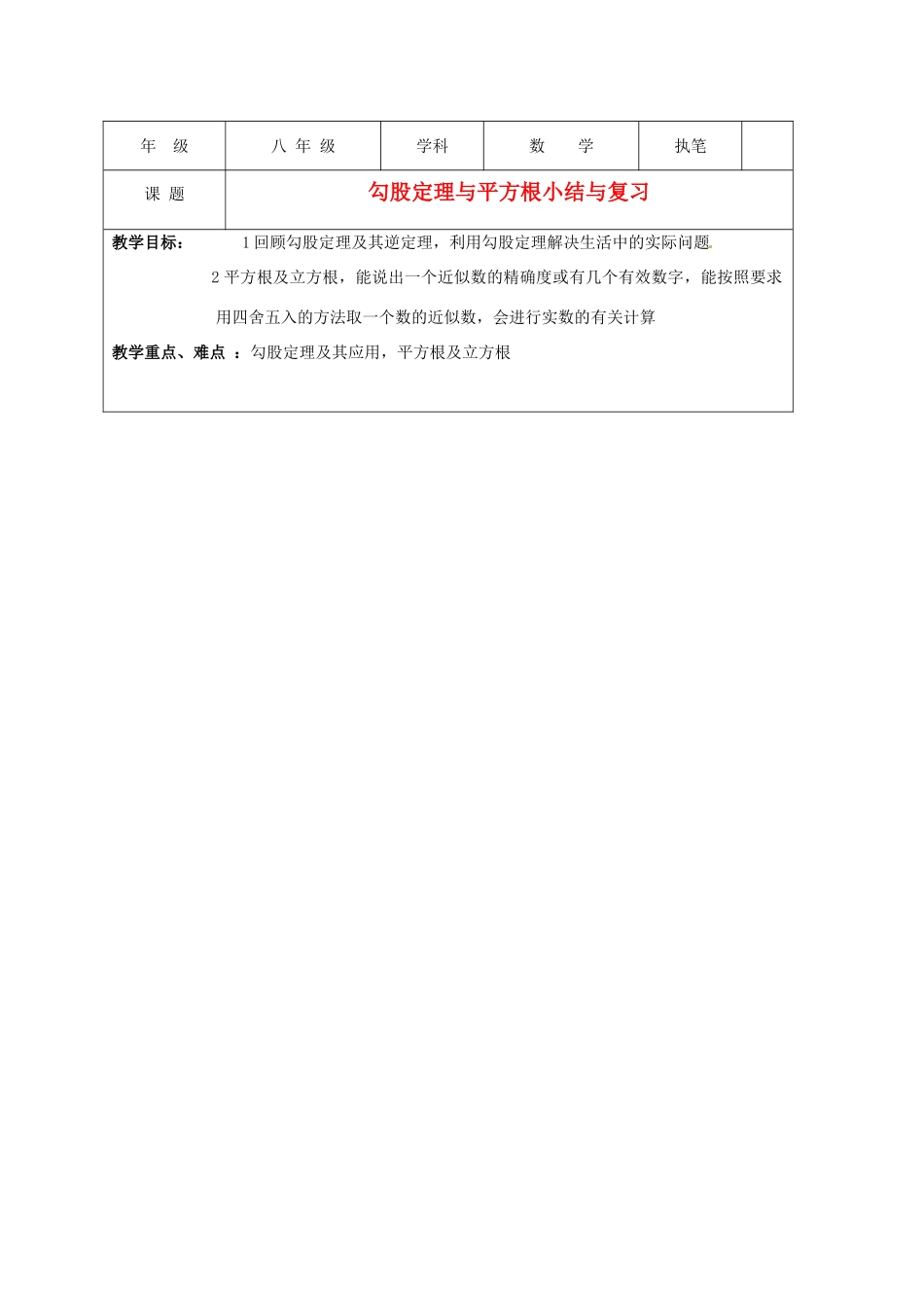 江苏省盐城东台市八年级数学上册《勾股定理与平方根小结与思考》教案_第1页