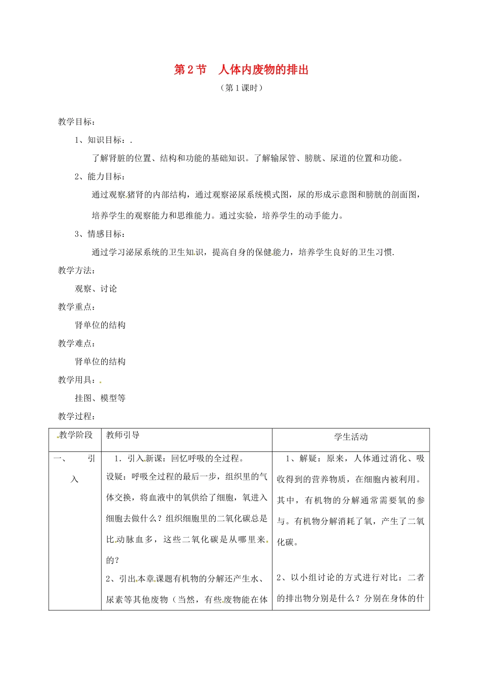 江苏省镇江市八年级生物上册 15.2 人体内废物的排出教学设计1 （新版）苏科版-（新版）苏科版初中八年级上册生物教案_第1页