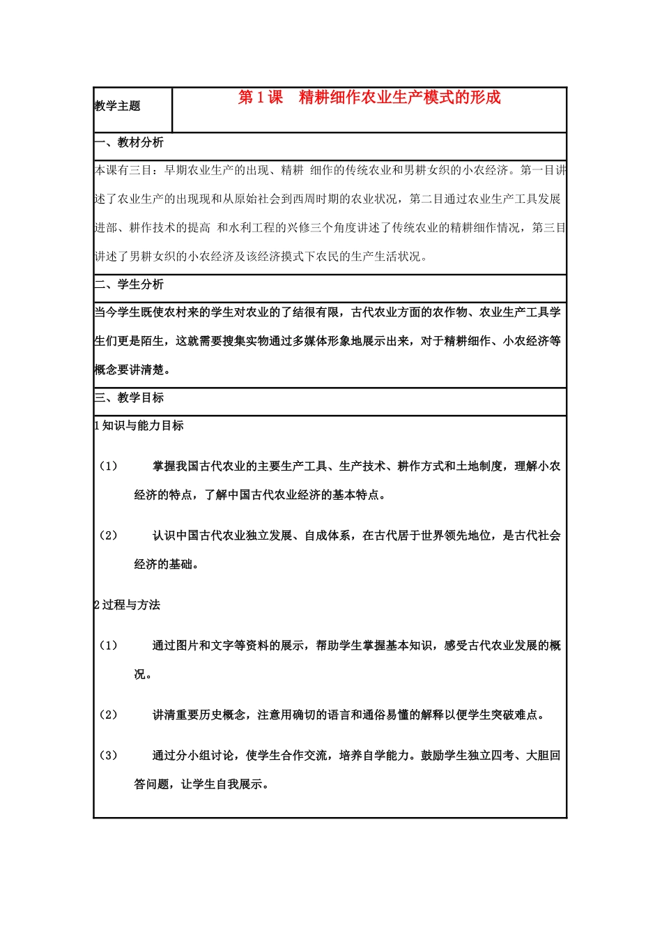 高中历史 第1课 精耕细作农业生产模式的形成教案4 岳麓版必修2-岳麓版高一必修2历史教案_第1页